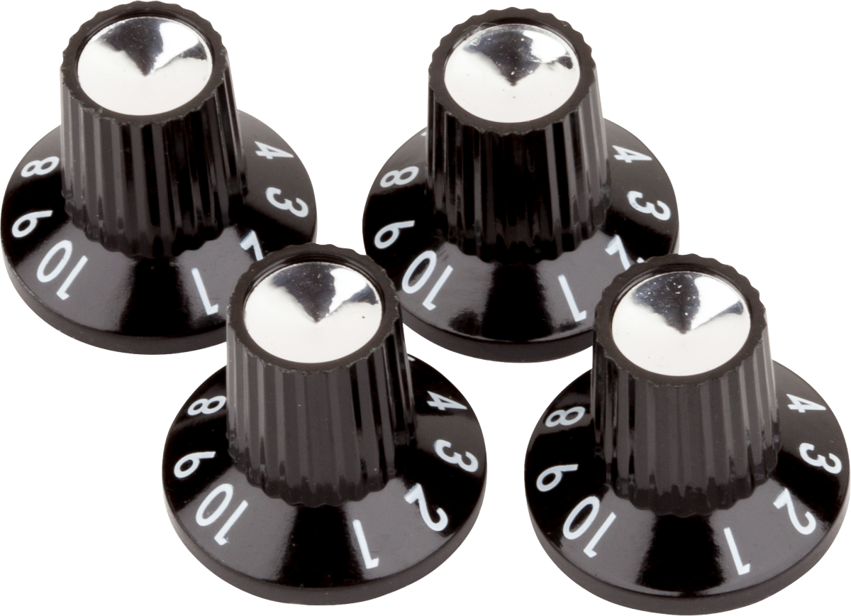 Fender Black/Silver Skirted (1-10) Push-On Amplifier Knobs, Black (4)