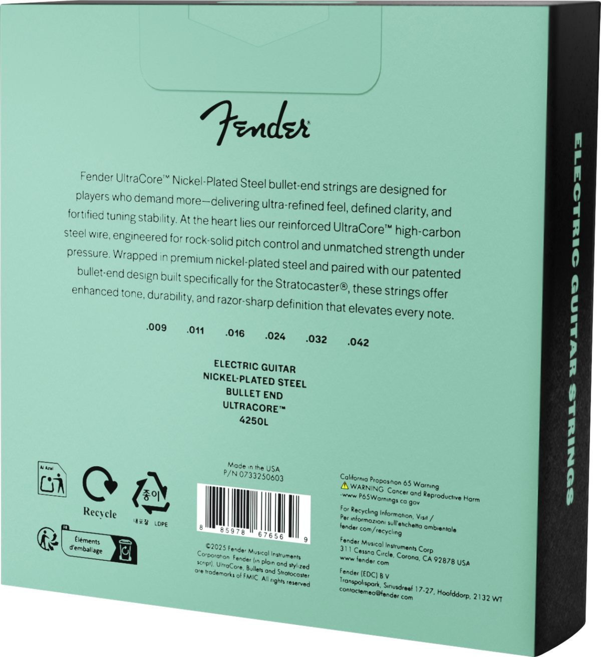 Fender 4250 Ultracore Guitar Strings, Nickel Plated Steel, Bullet End, 4250L Gauges .009-.042, (6) 3-Pack