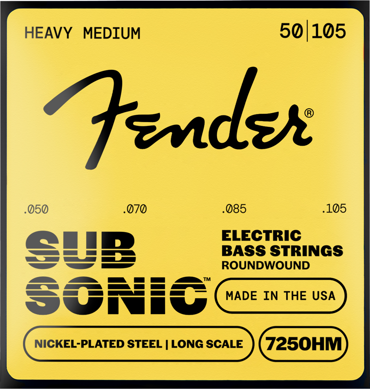 Fender 7250 Bass Strings, Nickel Plated Steel, Long Scale, 7250HM .050-.105 Gauges, Set of 4
