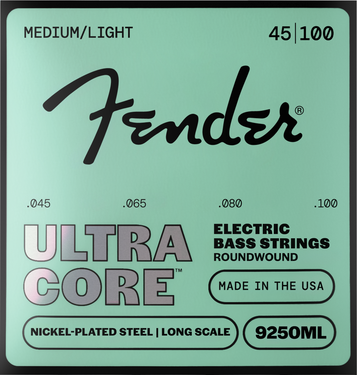 Fender 9250 Ultracore Bass Strings, Nickel Plated Steel, Ball End, 9250ML Gauges .045-.100, (4)