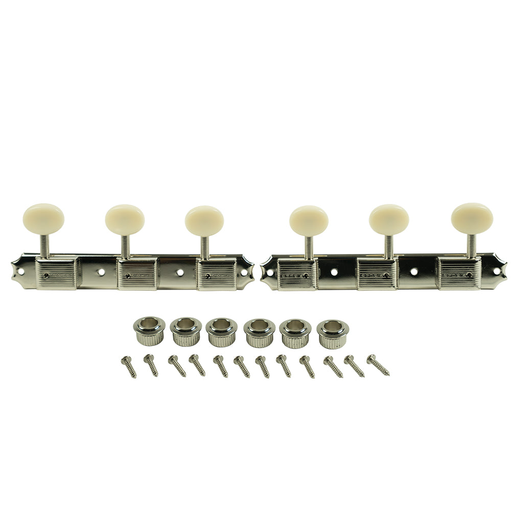 Kluson Deluxe Series 3-On-A-Plate Tuning Machines - Single Line, Nickel w/ Oval Plastic Buttons