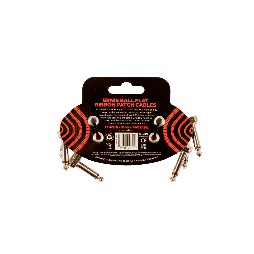 Ernie Ball 3" Flat Ribbon Patch Cable, Red, 3-Pack