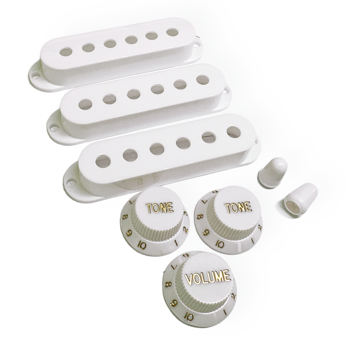 Axlabs Modern Style Strat Accessory Kit, White w/ Gold Lettering
