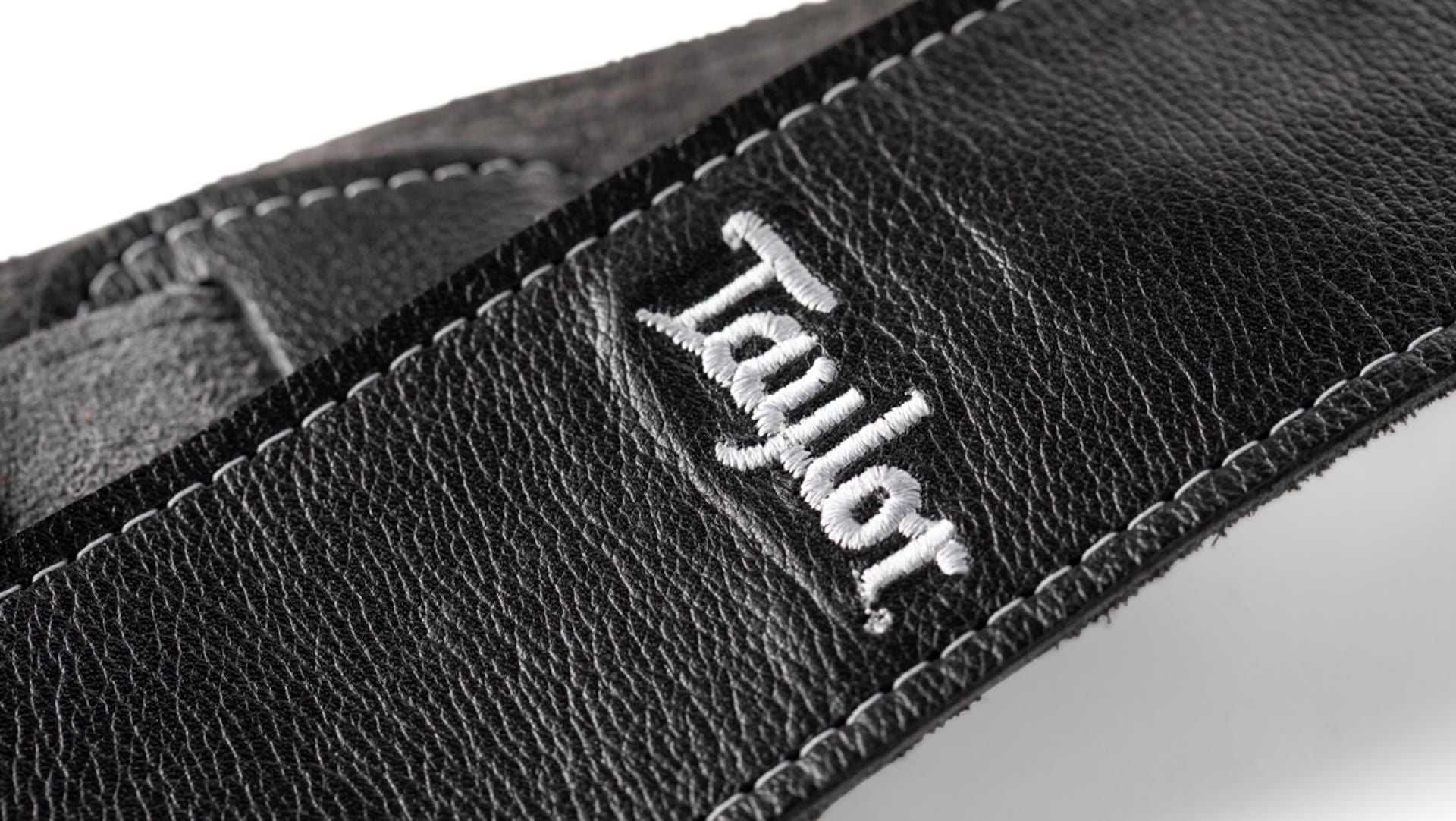 Taylor 2.5" Leather Guitar Strap, Silver Logo, Black w/ Suede Back