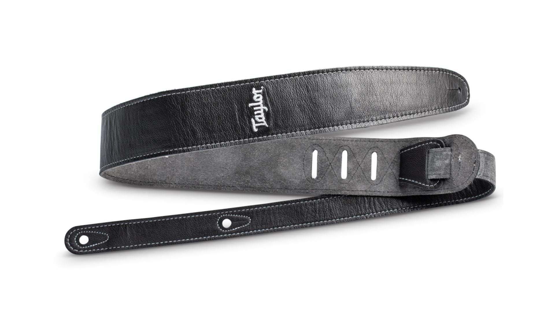 Taylor 2.5" Leather Guitar Strap, Silver Logo, Black w/ Suede Back