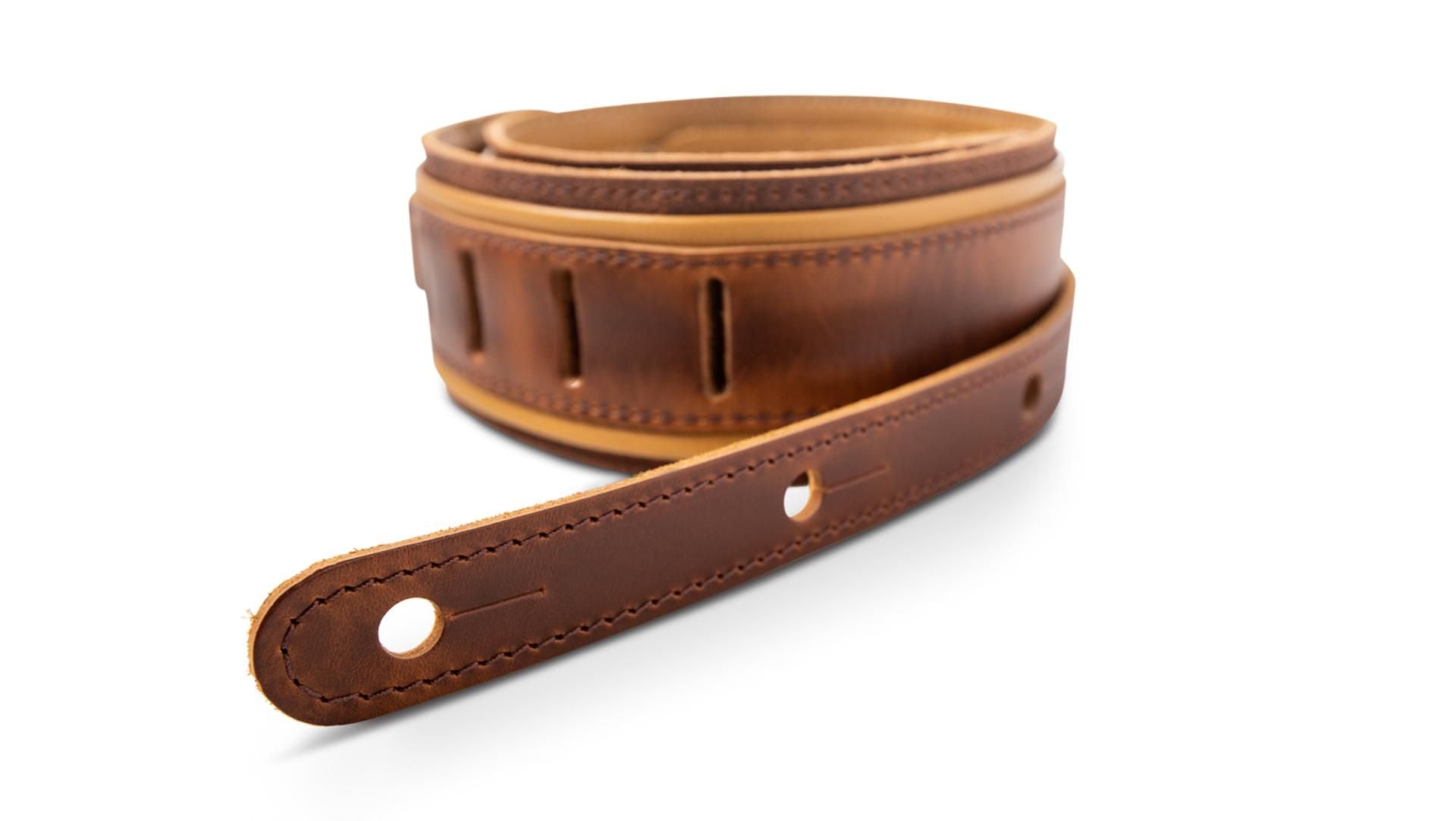 Taylor Nouveau 2.5" Distressed Leather Guitar Strap, Medium Brown w/ Butterscotch Trim