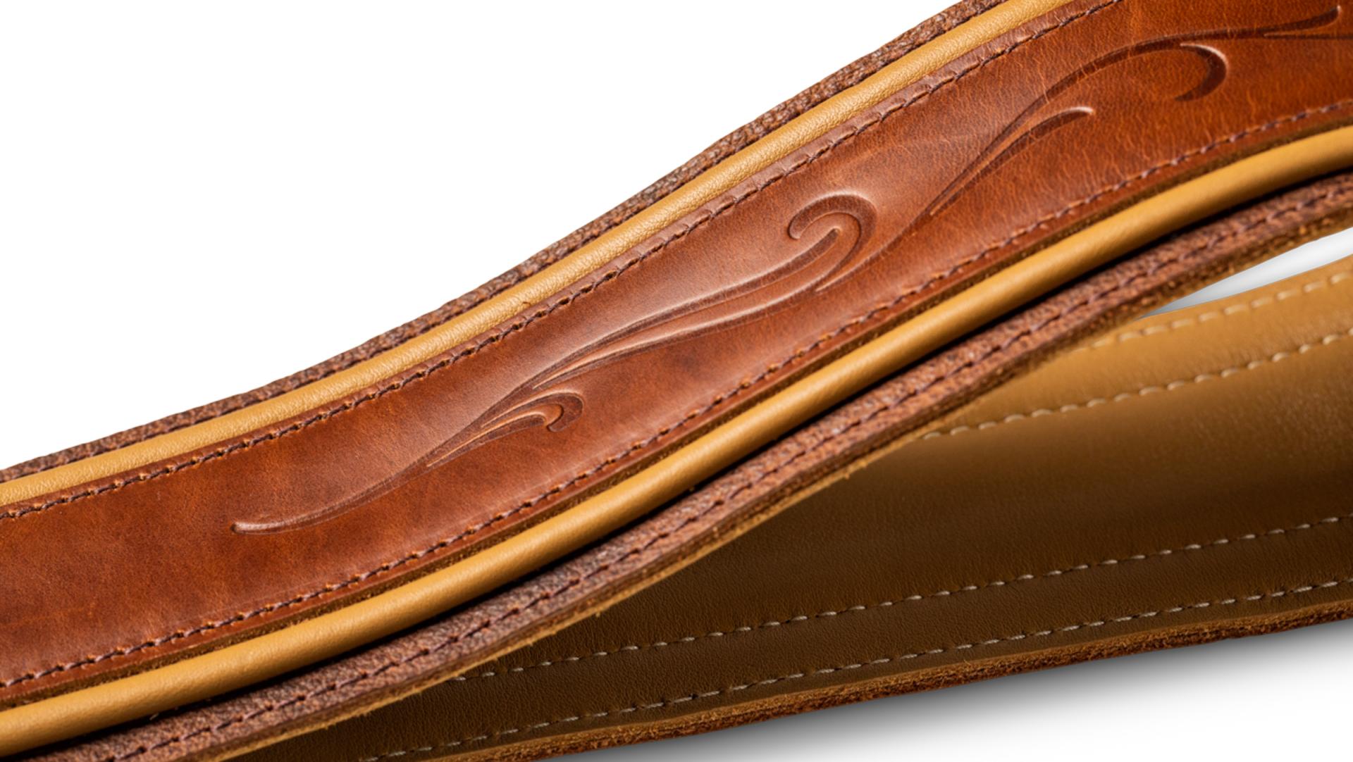 Taylor Spring Vine 2.5" Leather Guitar Strap, Medium Brown w/ Butterscotch Trim
