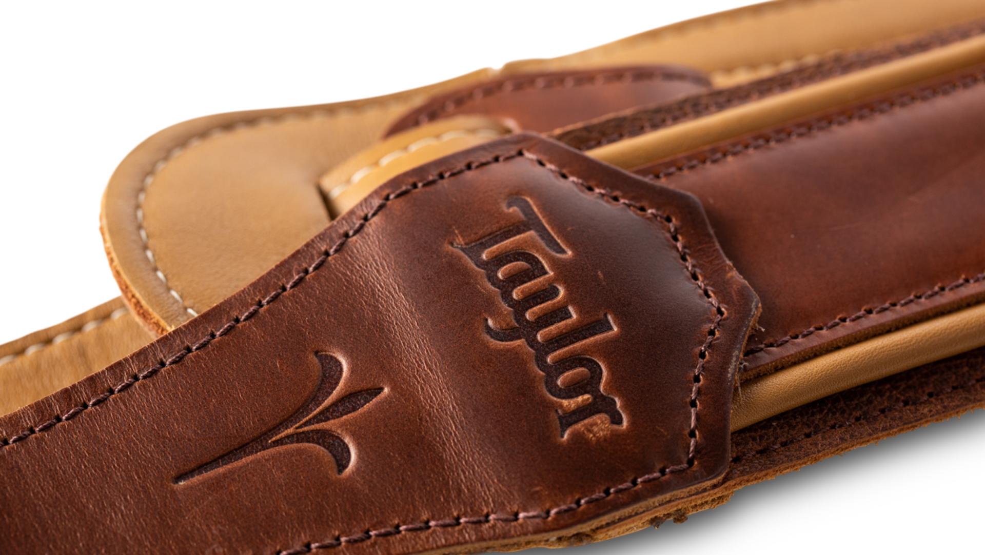 Taylor Spring Vine 2.5" Leather Guitar Strap, Medium Brown w/ Butterscotch Trim