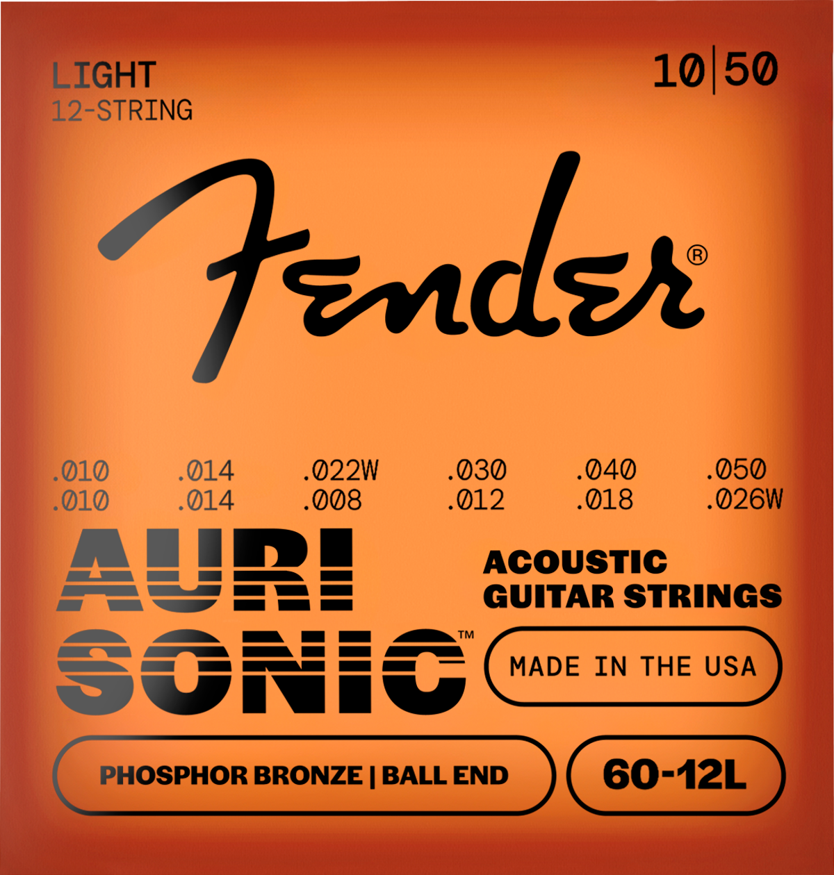 Fender Phosphor Bronze Acoustic Guitar Strings, Ball End, 60-12L .010-.048 Gauges, Set of 12