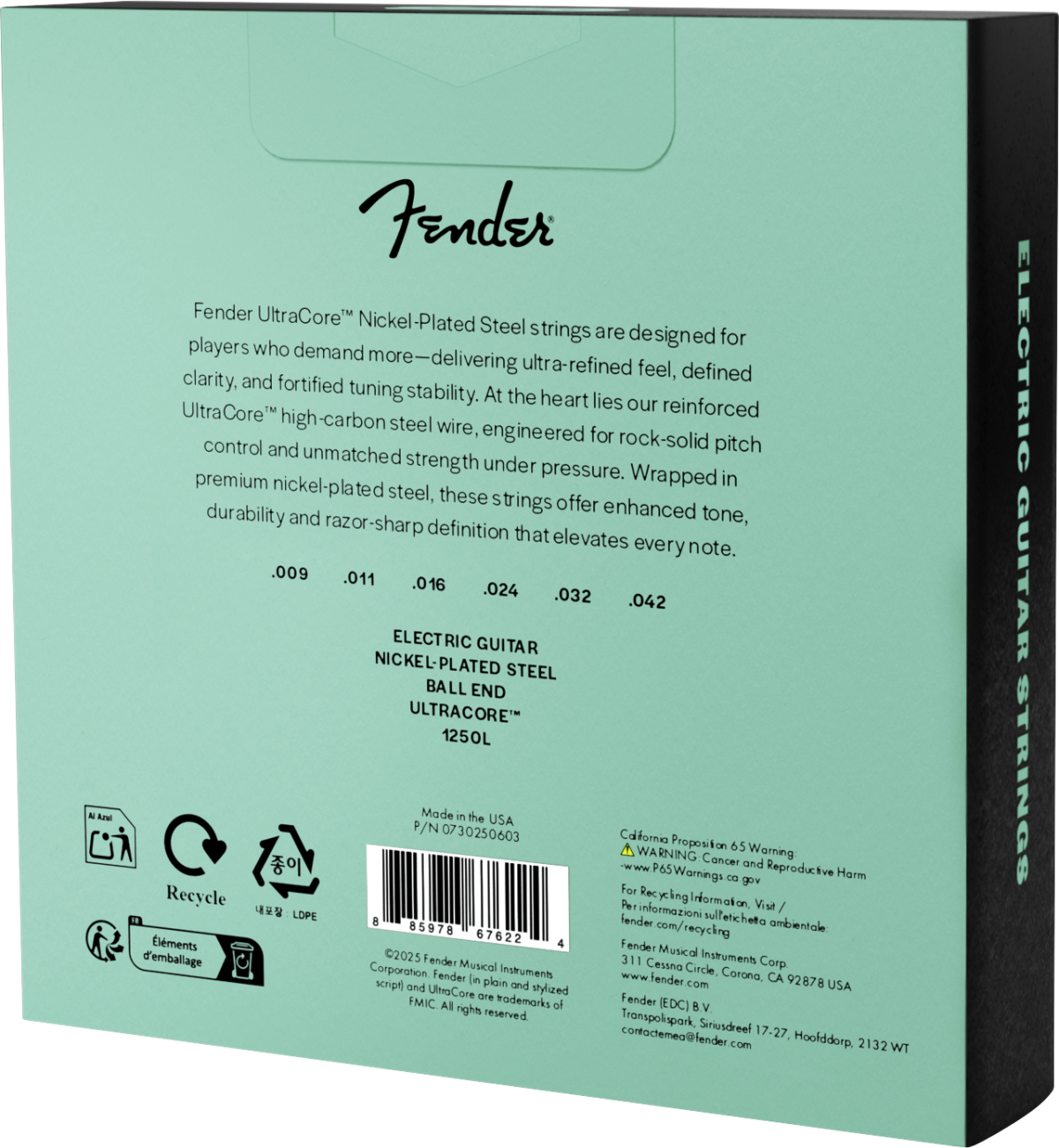 Fender 1250 Ultracore Guitar Strings, Nickel Plated Steel, Ball End, 1250L Gauges .009-.042, (6) 3-Pack