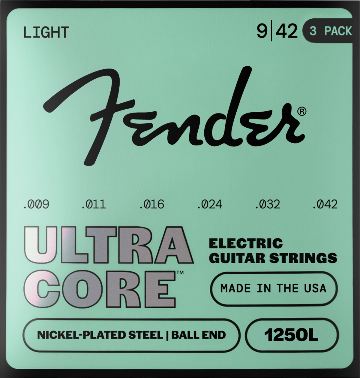 Fender 1250 Ultracore Guitar Strings, Nickel Plated Steel, Ball End, 1250L Gauges .009-.042, (6) 3-Pack