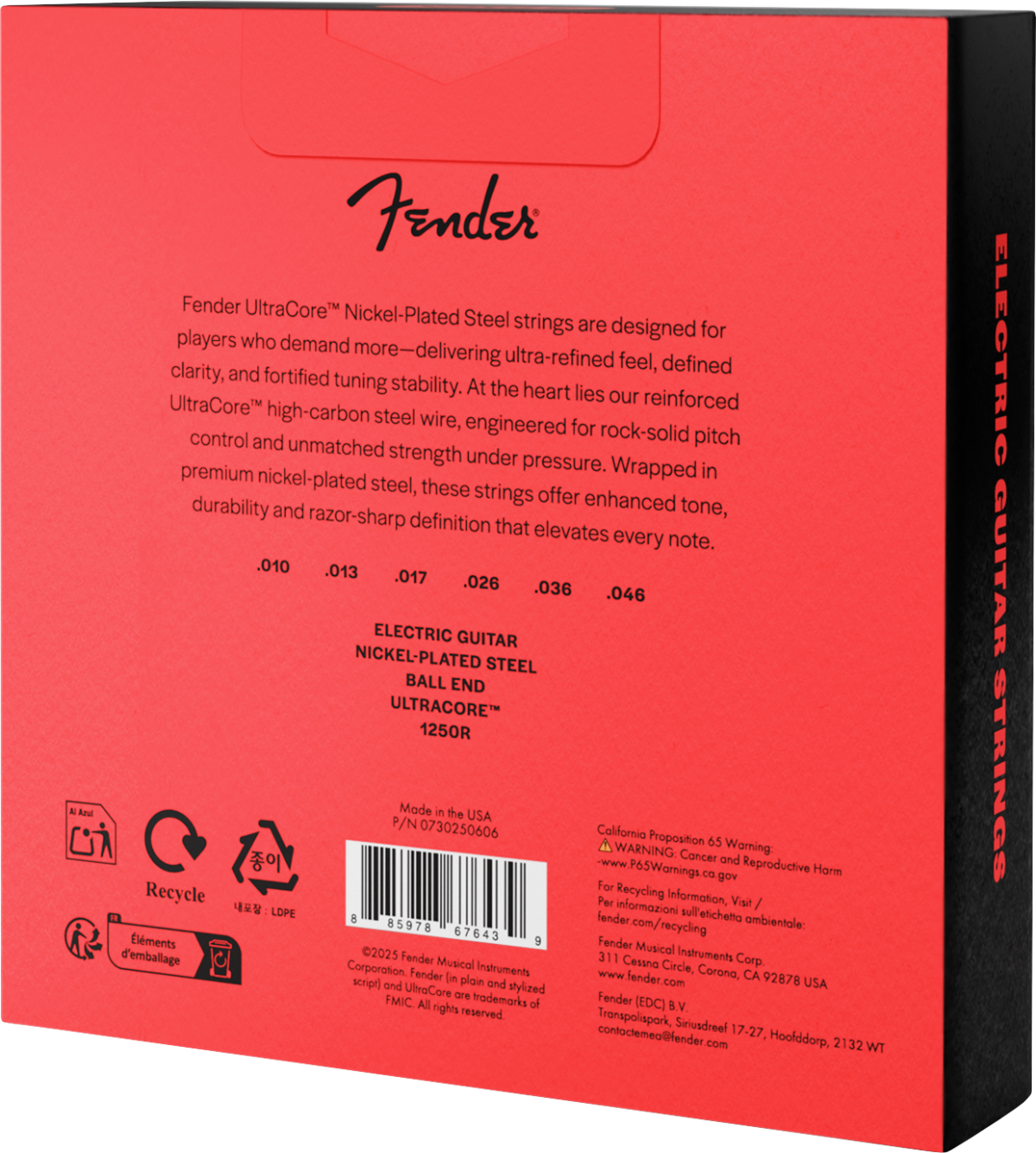 Fender 1250 Ultracore Guitar Strings, Nickel Plated Steel, Ball End, 1250R Gauges .010-.046, (6) 3-Pack
