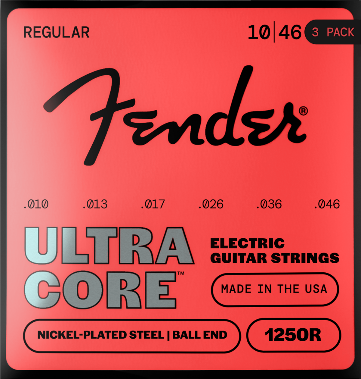 Fender 1250 Ultracore Guitar Strings, Nickel Plated Steel, Ball End, 1250R Gauges .010-.046, (6) 3-Pack