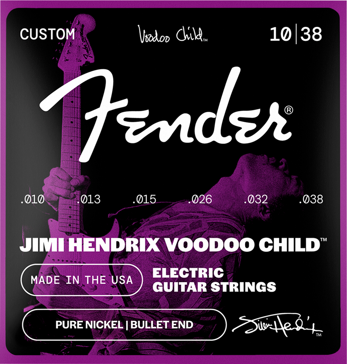 Fender Hendrix Voodoo Child Bullet End Guitar Strings, Pure Nickel, 10-38
