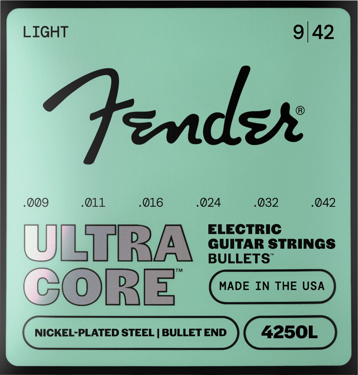 Fender 4250 Ultracore Guitar Strings, Nickel Plated Steel, Bullet End, 4250L Gauges .009-.042, (6)