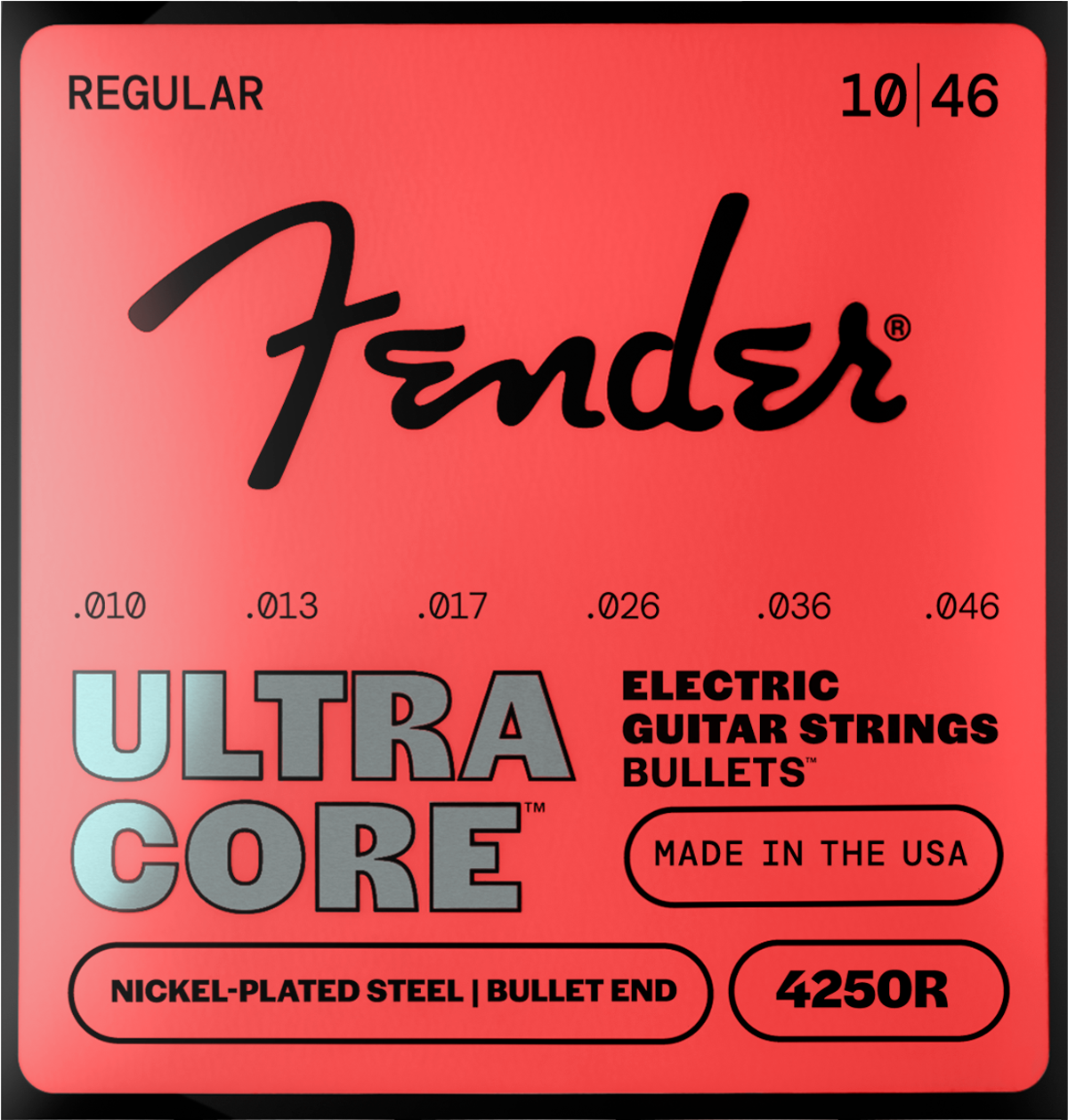 Fender 4250 Ultracore Guitar Strings, Nickel Plated Steel, Bullet End, 4250R Gauges .010-.046, (6)