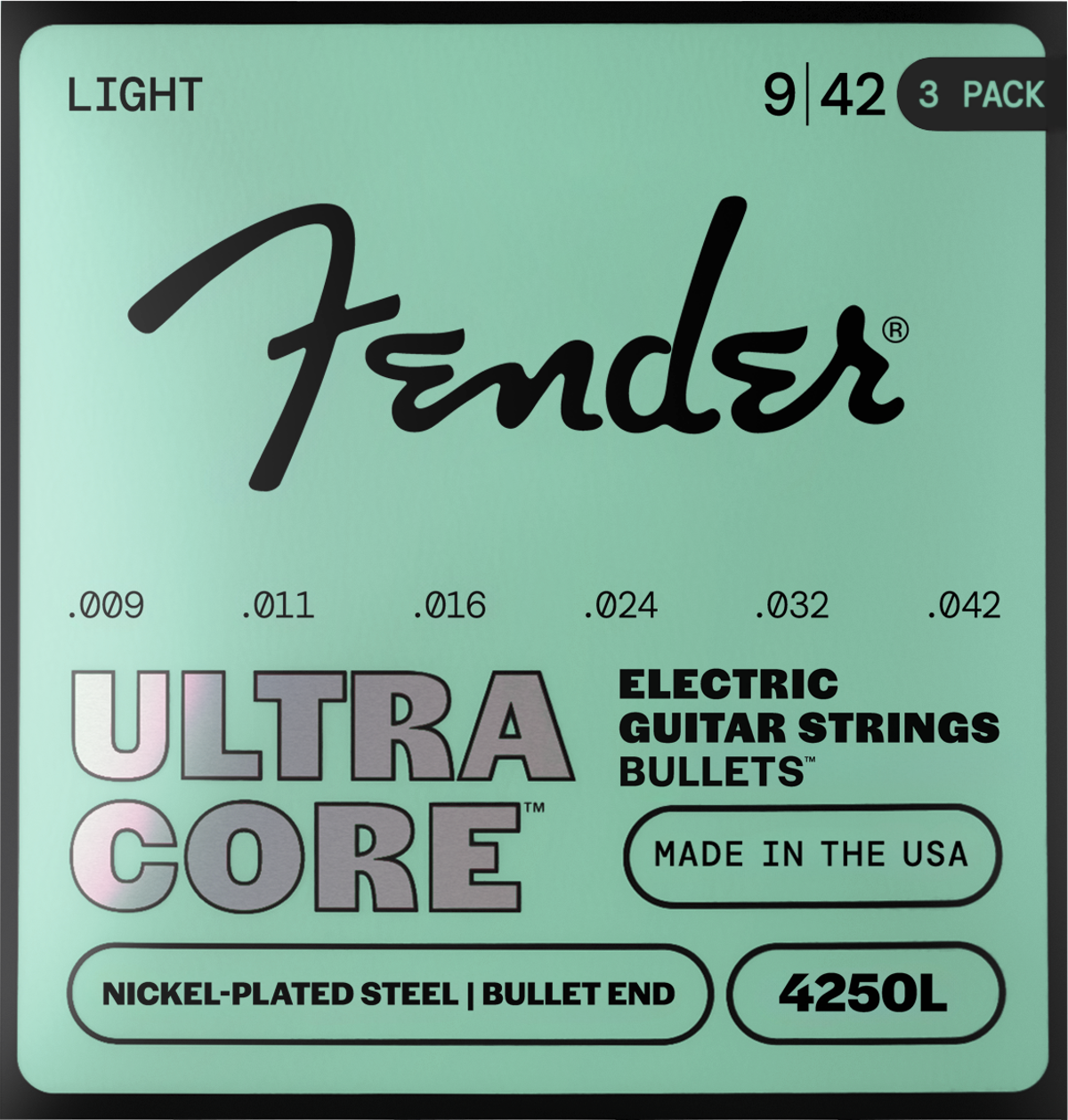 Fender 4250 Ultracore Guitar Strings, Nickel Plated Steel, Bullet End, 4250L Gauges .009-.042, (6) 3-Pack