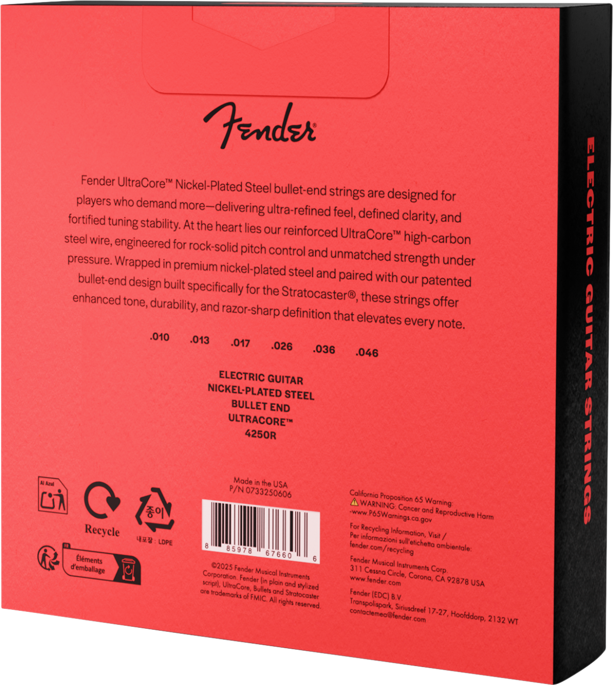 Fender 4250 Ultracore Guitar Strings, Nickel Plated Steel, Bullet End, 4250R Gauges .010-.046, (6) 3-Pack