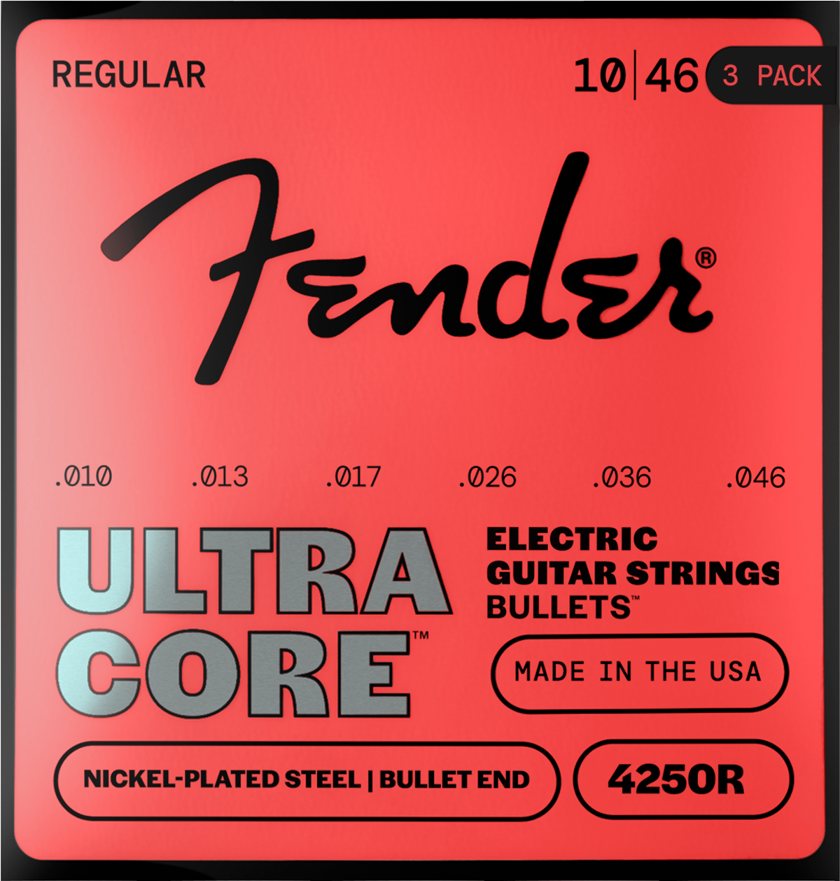 Fender 4250 Ultracore Guitar Strings, Nickel Plated Steel, Bullet End, 4250R Gauges .010-.046, (6) 3-Pack