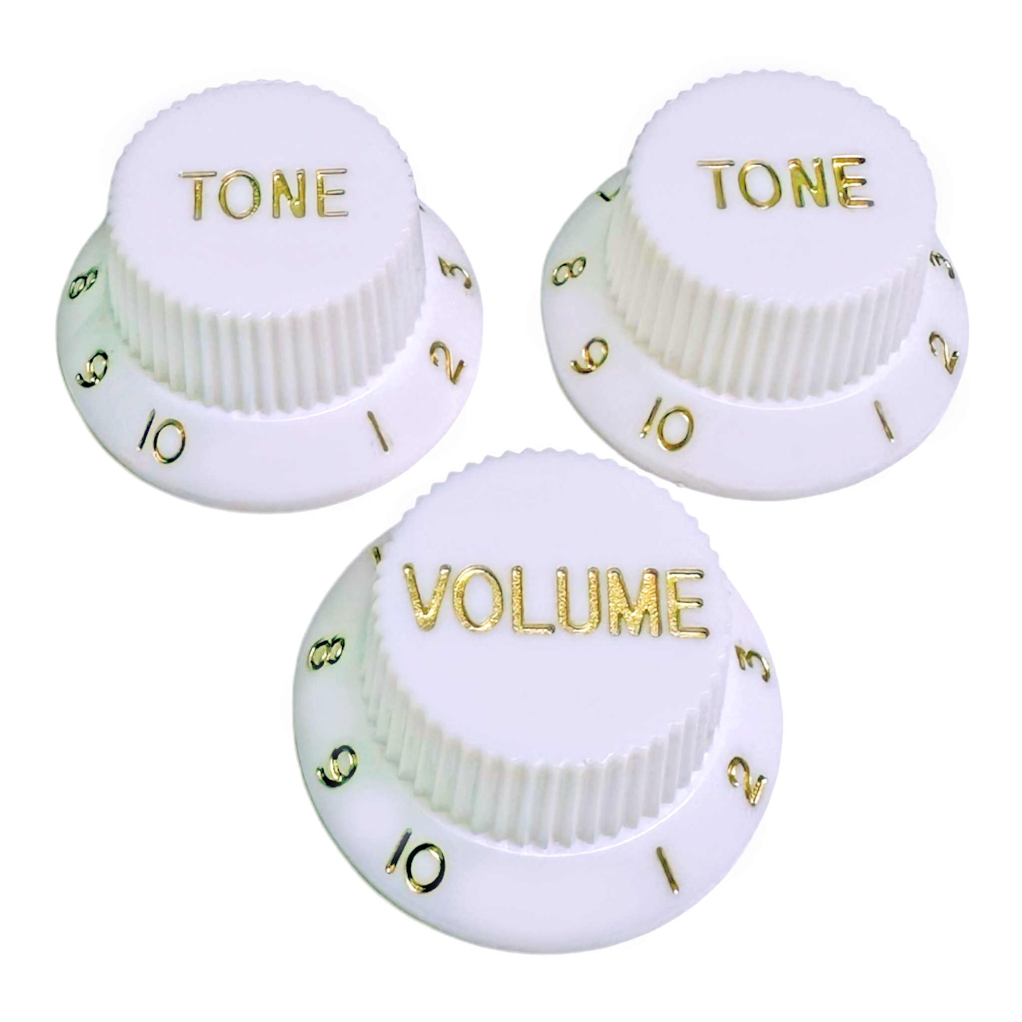 AxLabs Strat-Style Knob Kit (2T/1V), White w/ Gold Font