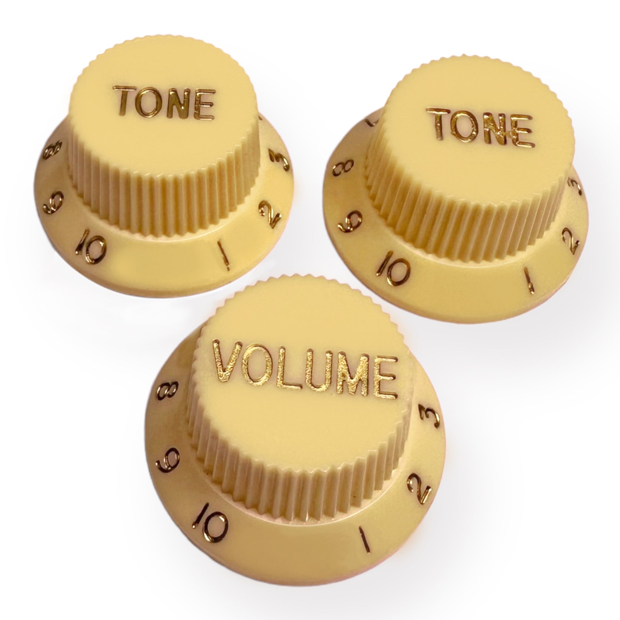 AxLabs Strat-Style Knob Kit (2T/1V), Cream w/ Gold Font