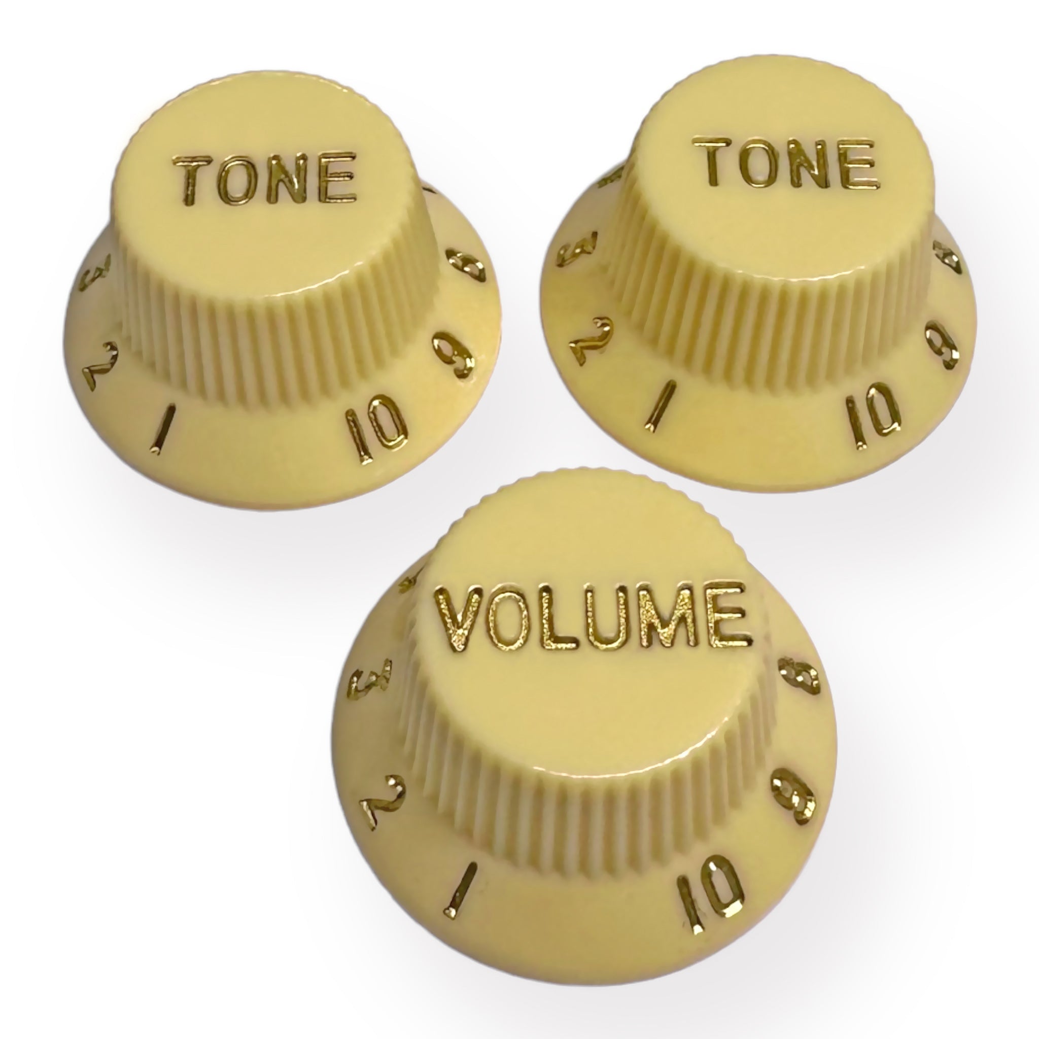 AxLabs Strat-Style Knob Kit (2T/1V), Aged White w/ Gold Font