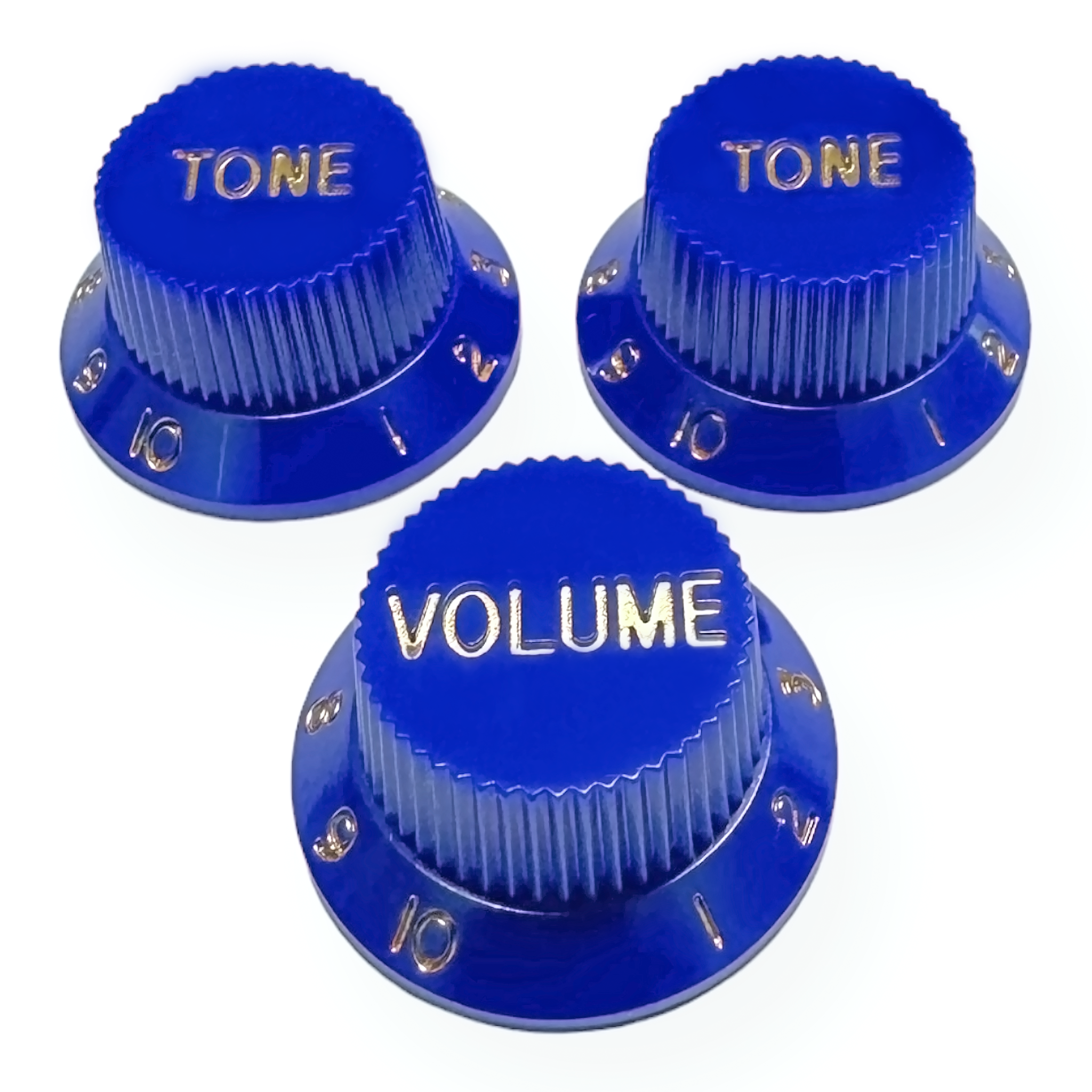AxLabs Strat-Style Knob Kit (2T/1V), Blue w/ Gold Font