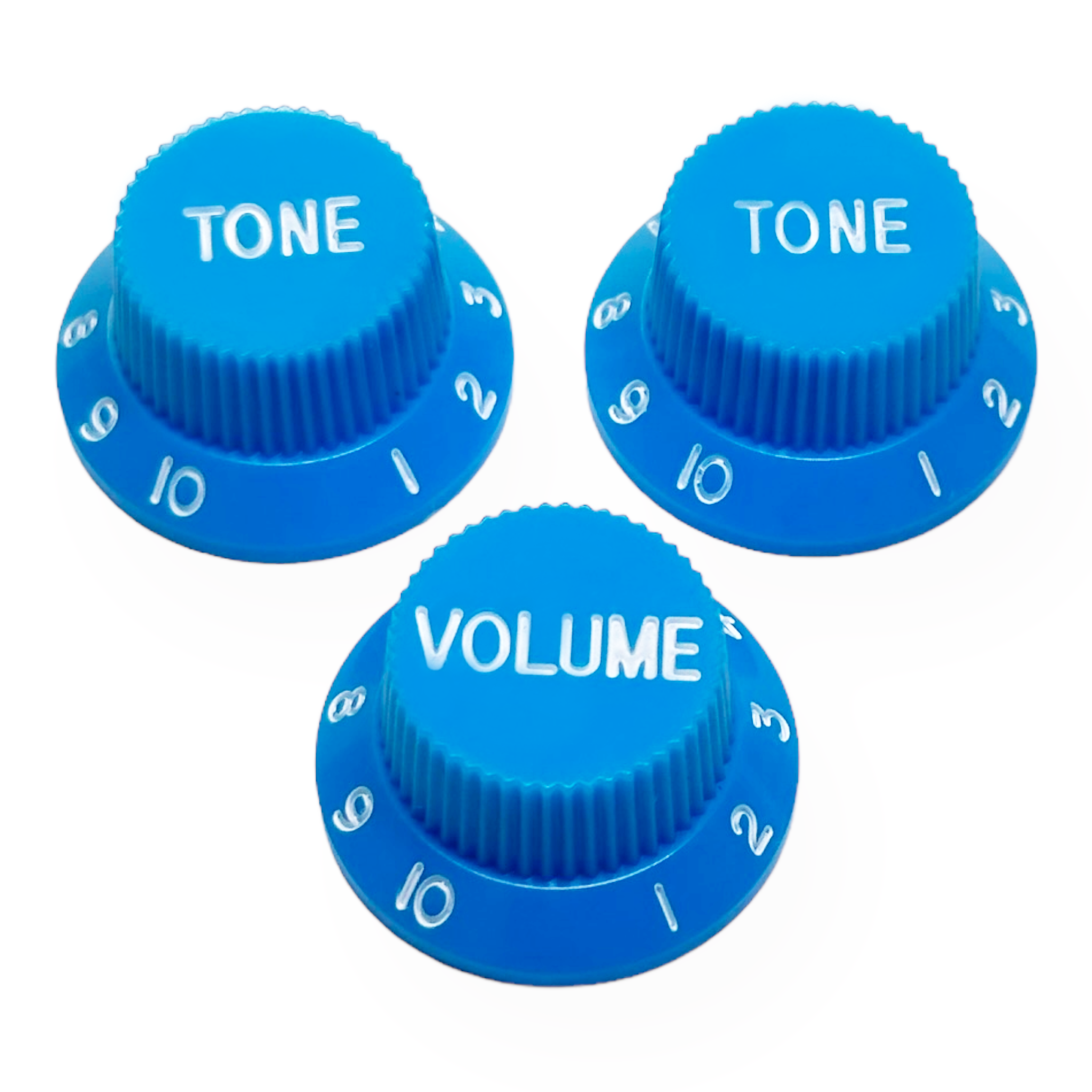 AxLabs Strat-Style Knob Kit (2T/1V), Light Blue w/ White Font
