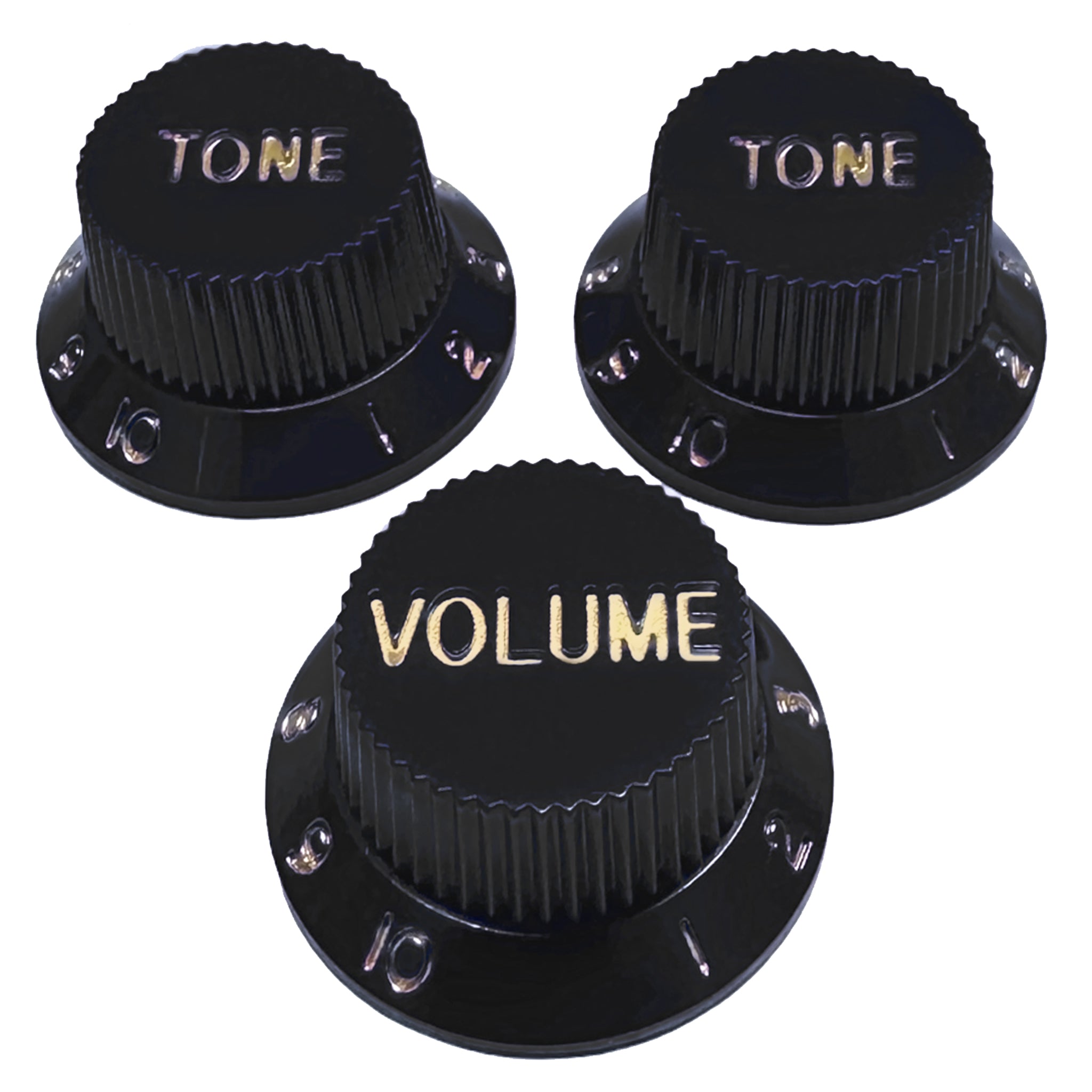 AxLabs Strat-Style Knob Kit (2T/1V), Black w/ Gold Font