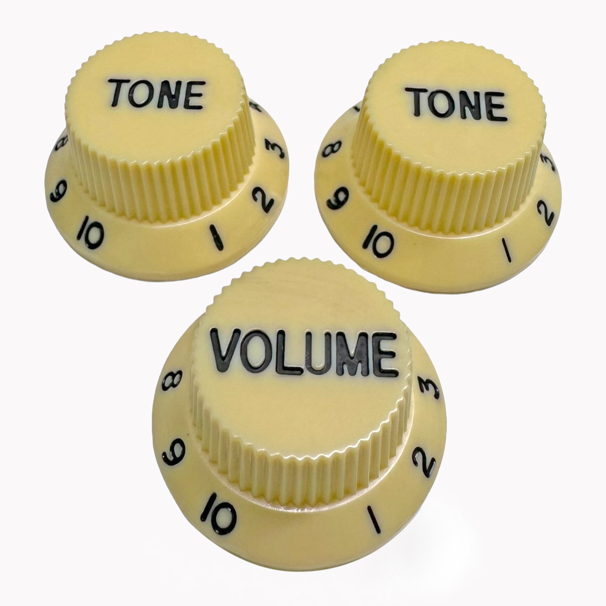 AxLabs Strat-Style Knob Kit (2T/1V), Aged White w/ Black Font
