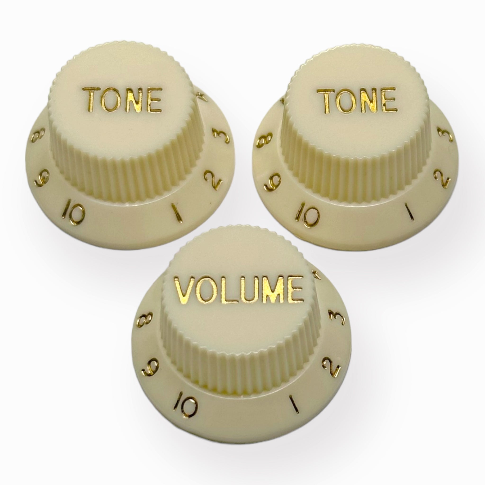 AxLabs Strat-Style Knob Kit (2T/1V), Parchment w/ Gold Font