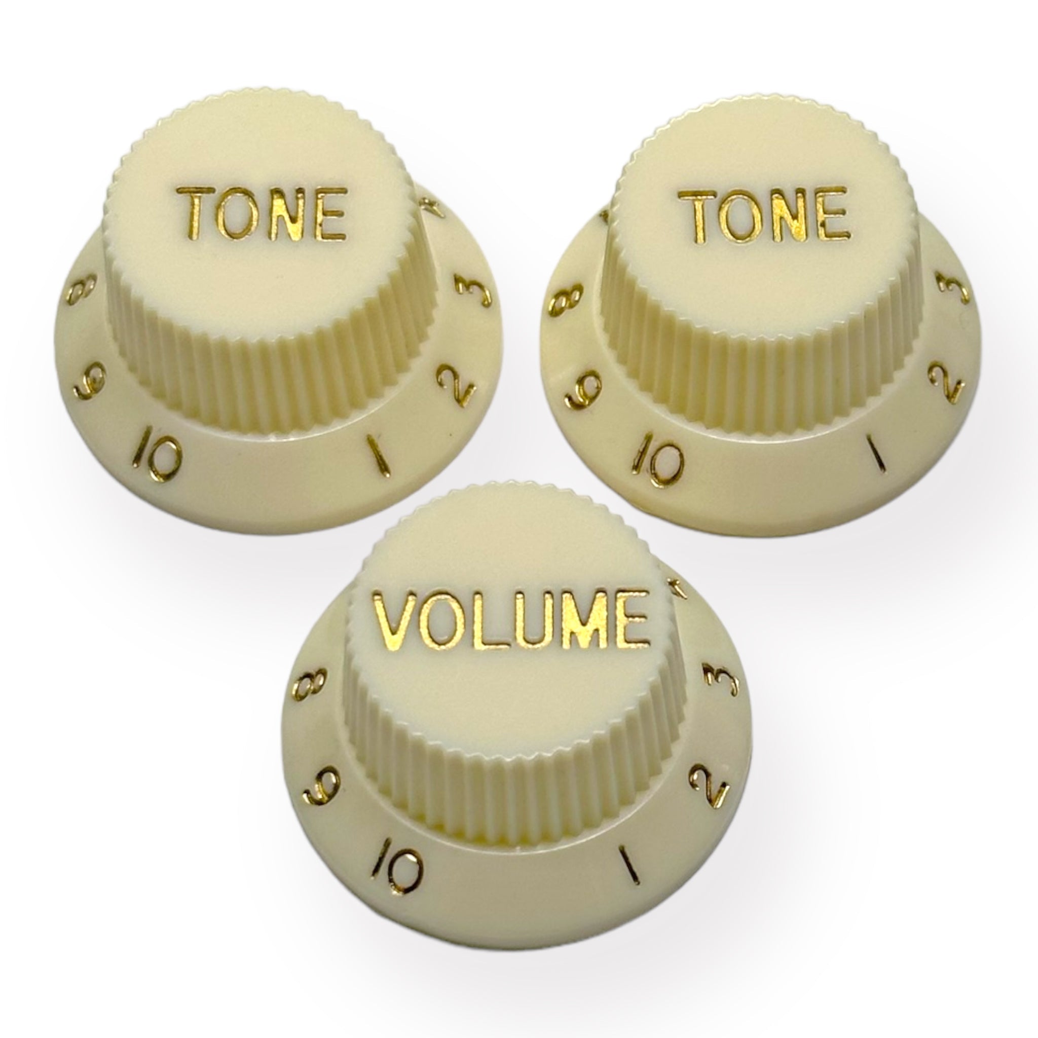 AxLabs Strat-Style Knob Kit (2T/1V), Light Cream w/ Gold Font