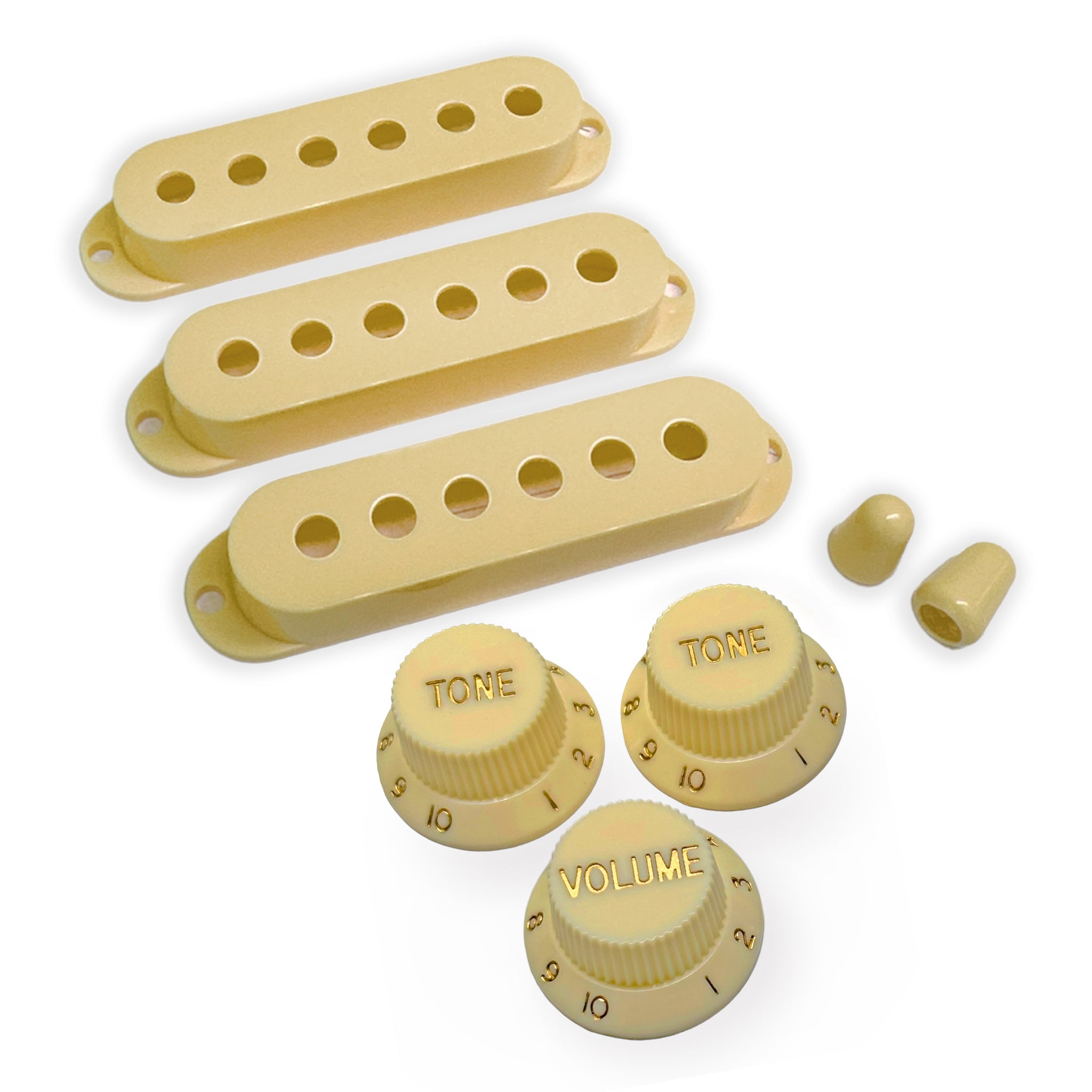 Axlabs Modern Style Strat Accessory Kit, Aged White/Cream w/ Gold Lettering