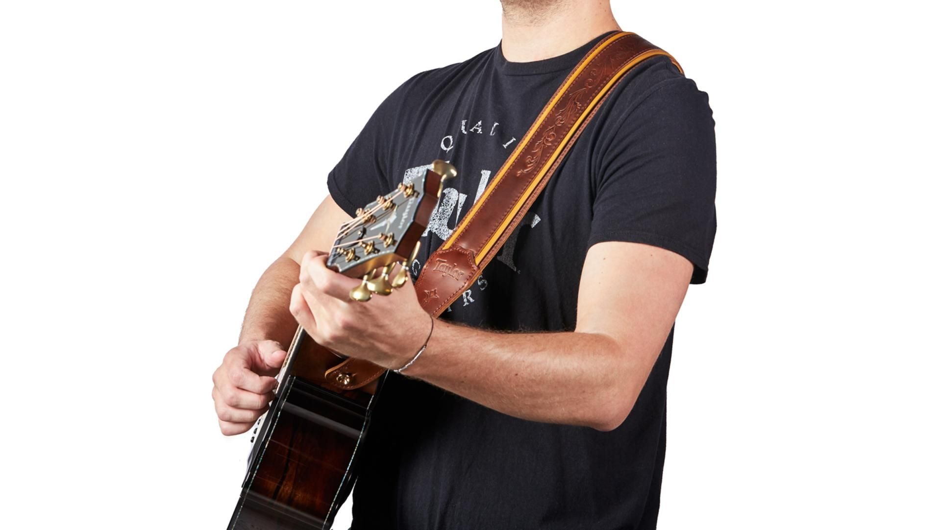 Taylor Nouveau 2.5" Distressed Leather Guitar Strap, Medium Brown w/ Butterscotch Trim