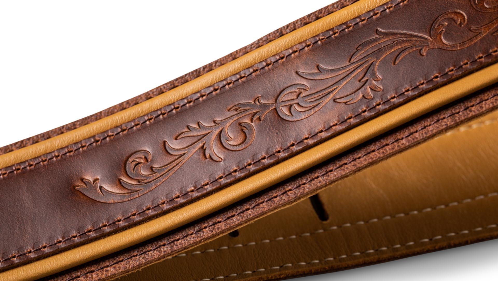 Taylor Nouveau 2.5" Distressed Leather Guitar Strap, Medium Brown w/ Butterscotch Trim