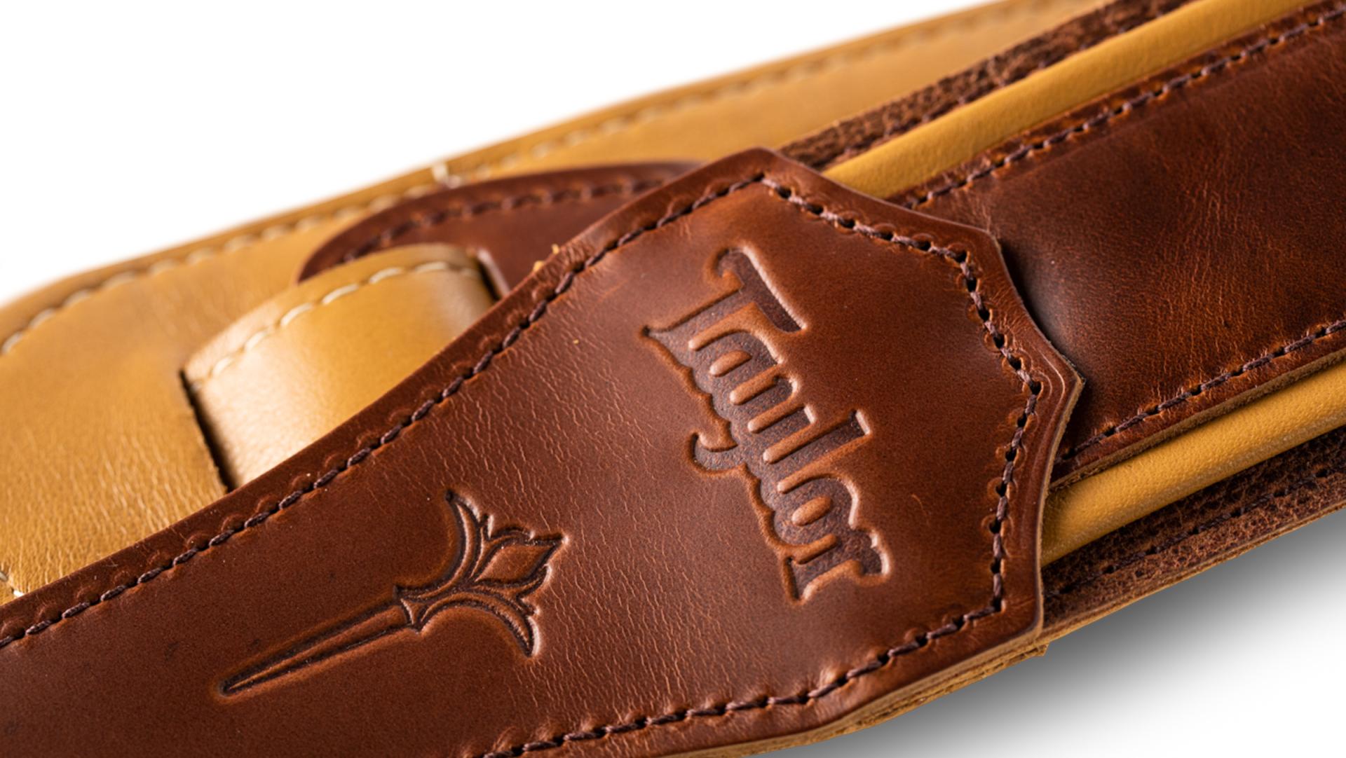 Taylor Nouveau 2.5" Distressed Leather Guitar Strap, Medium Brown w/ Butterscotch Trim