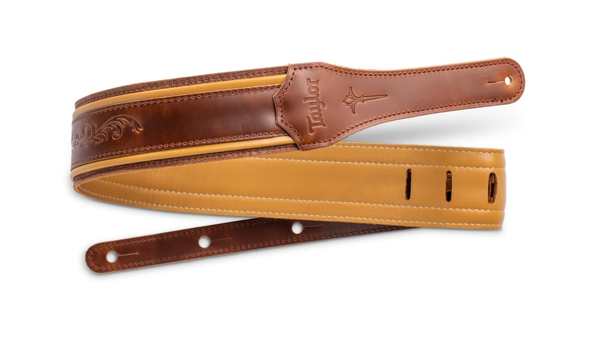 Taylor Nouveau 2.5" Distressed Leather Guitar Strap, Medium Brown w/ Butterscotch Trim
