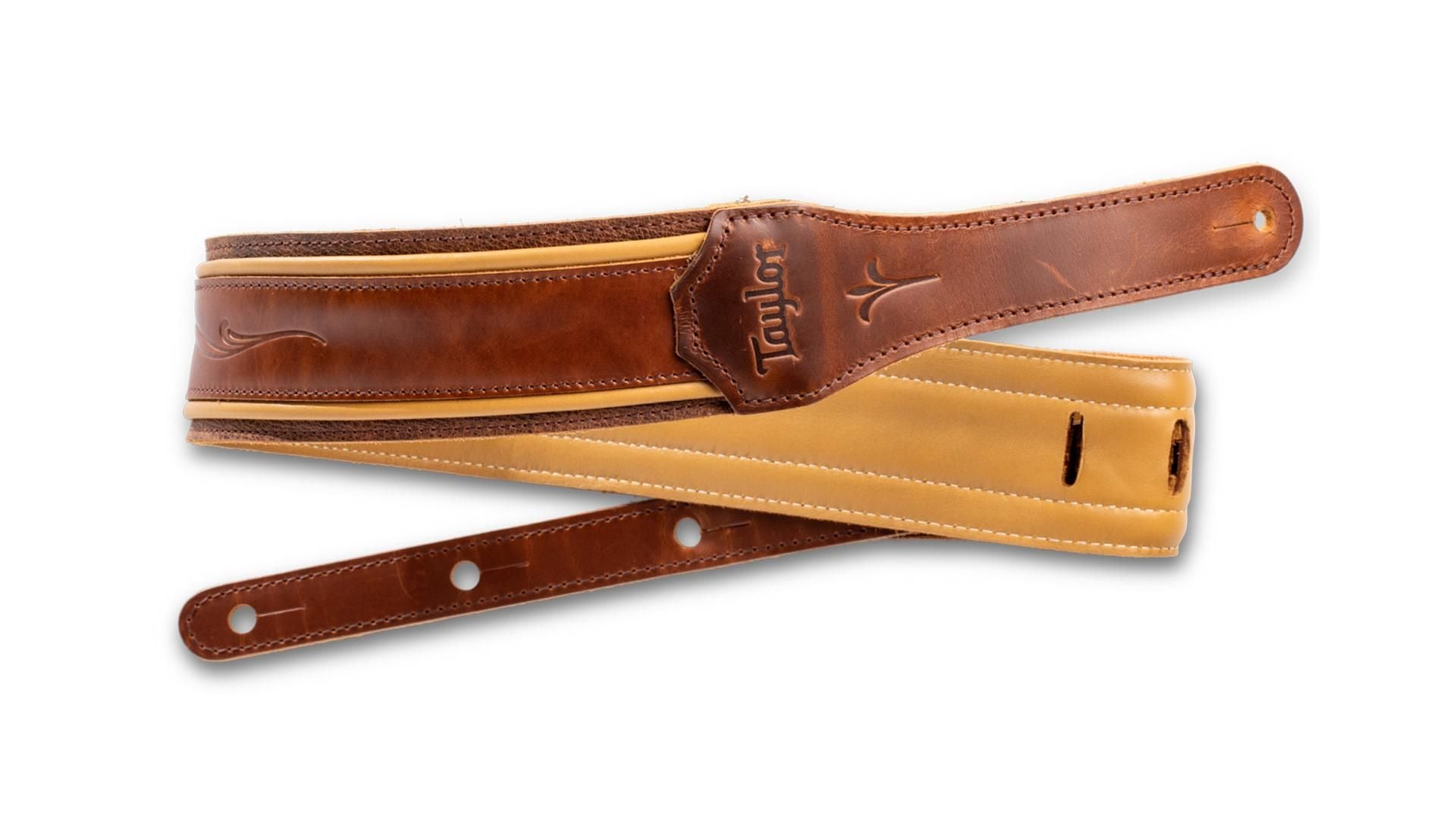 Taylor Spring Vine 2.5" Leather Guitar Strap, Medium Brown w/ Butterscotch Trim