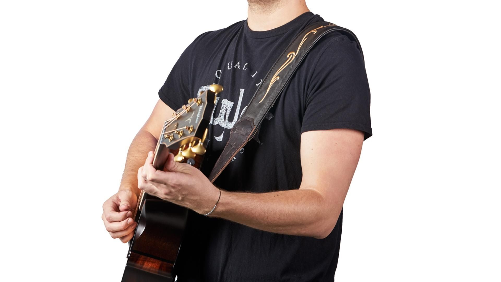 Taylor Spring Vine 2.5 Leather Guitar Strap, Chocolate Brown w/ Embroidered Vine Pattern