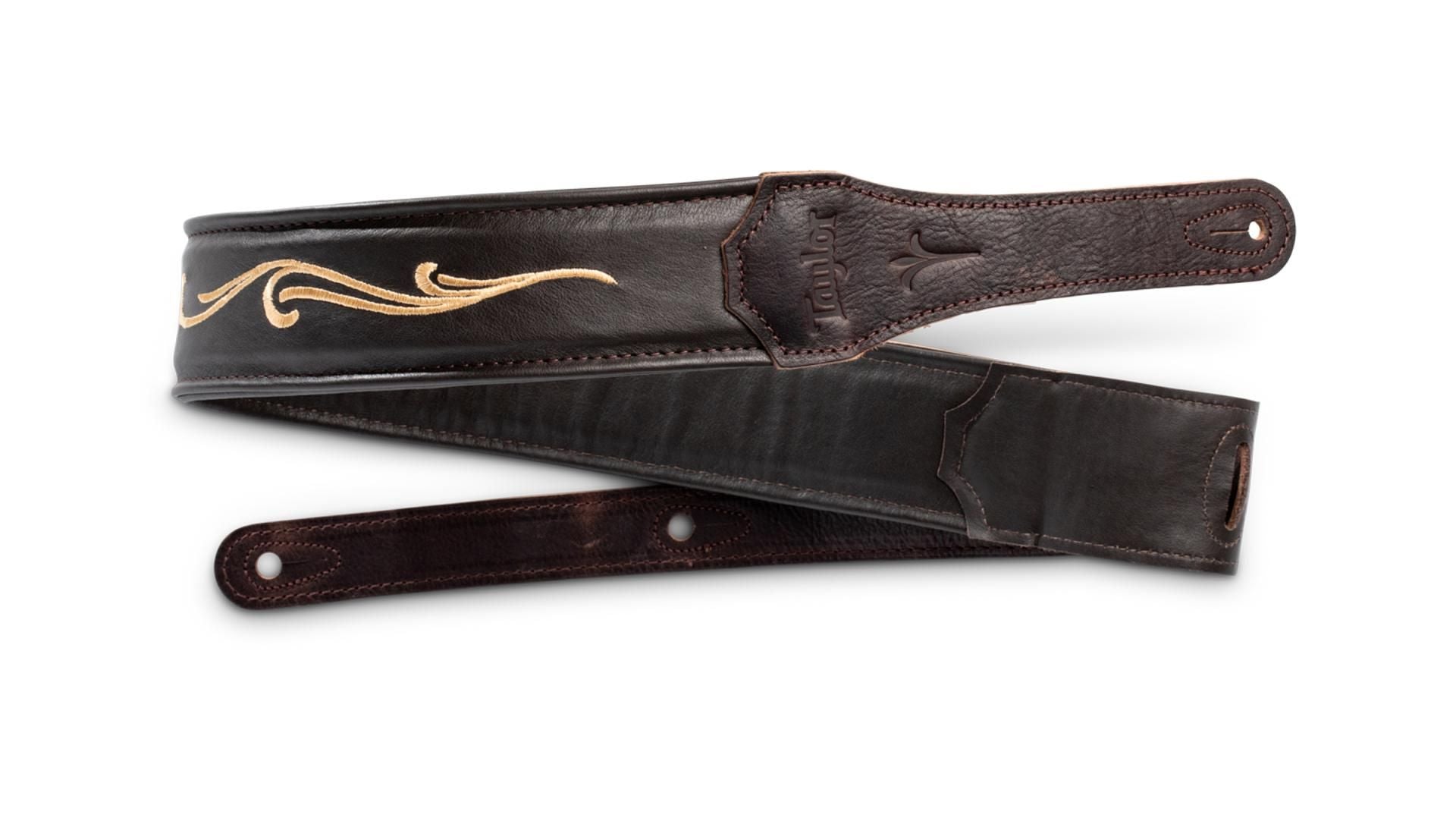 Taylor Spring Vine 2.5 Leather Guitar Strap, Chocolate Brown w/ Embroidered Vine Pattern