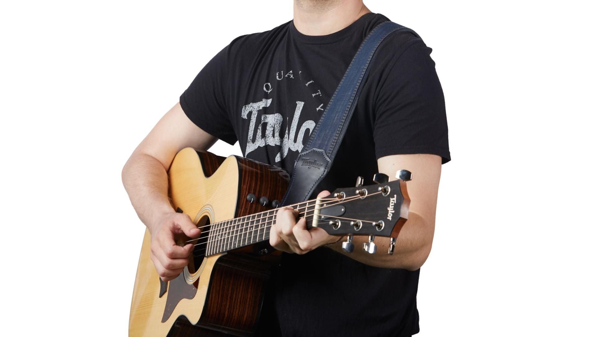 Taylor 2.5" Blue Denim Guitar Strap w/ Navy Leather Edges, Embossed Logo