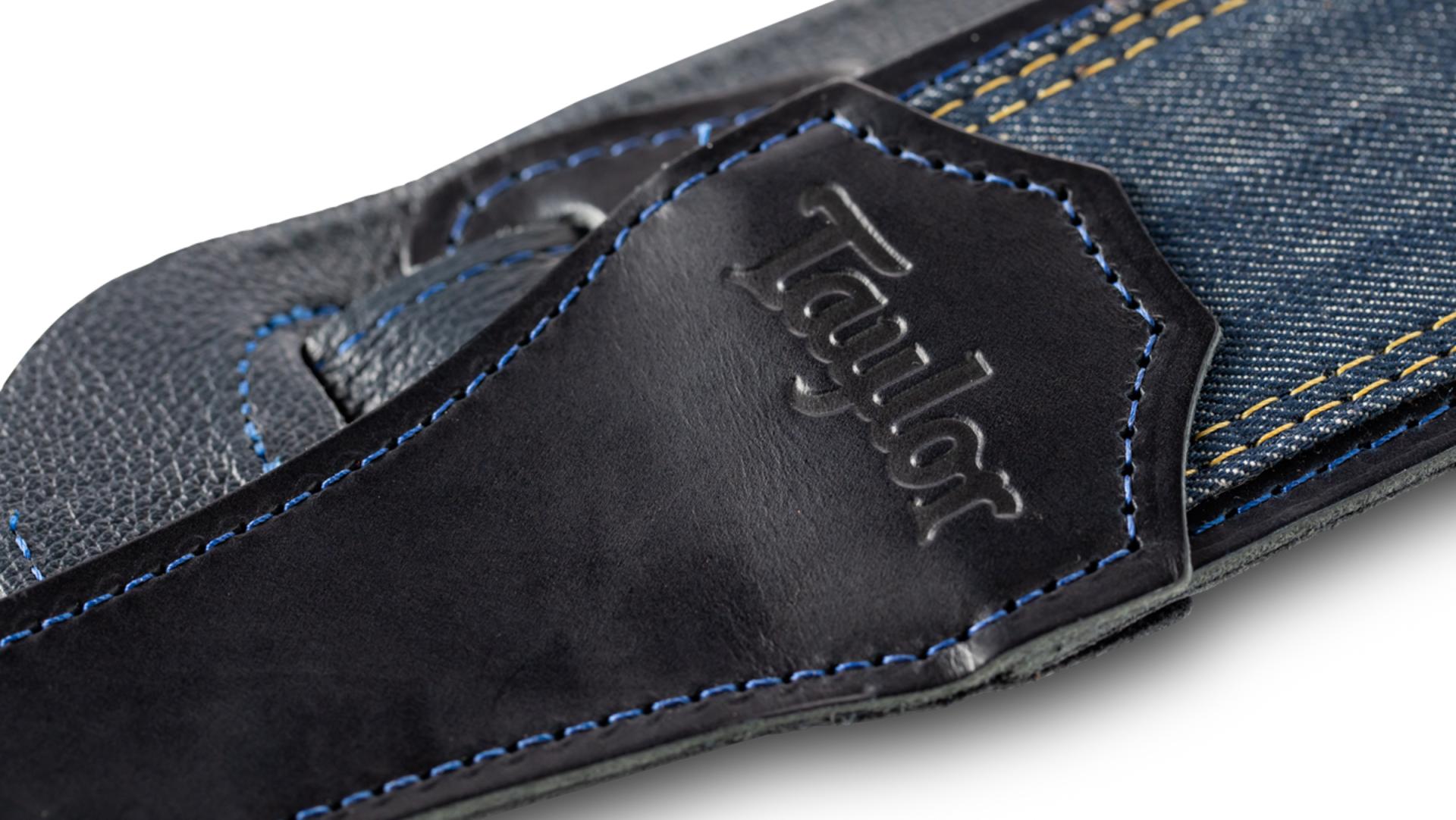 Taylor 2.5" Blue Denim Guitar Strap w/ Navy Leather Edges, Embossed Logo